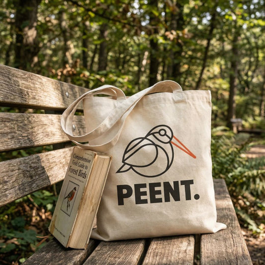 Tote bag with 'PEENT.' logo on a wooden bench in a forest setting