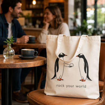 Canvas tote bag with a penguin design, on a chair in a coffee shop.