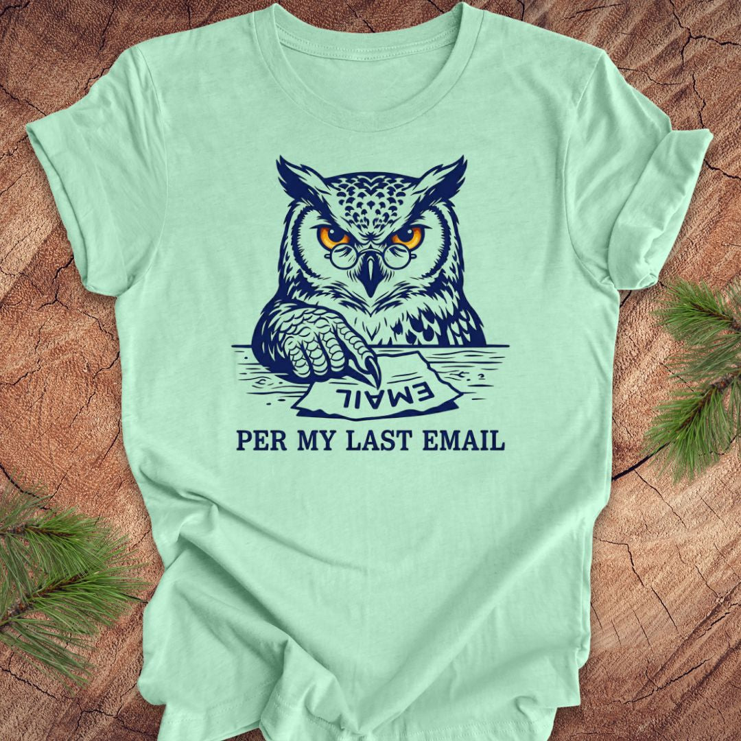 Mint green t-shirt with an owl graphic and text, 'per my last email' on a wooden surface