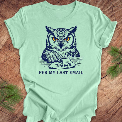 Mint green t-shirt with an owl graphic and text, 'per my last email' on a wooden surface