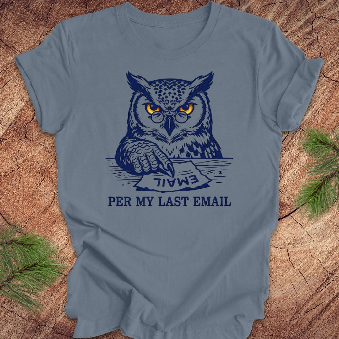 Steel blue t-shirt with an owl graphic and text, 'per my last email' on a wooden surface