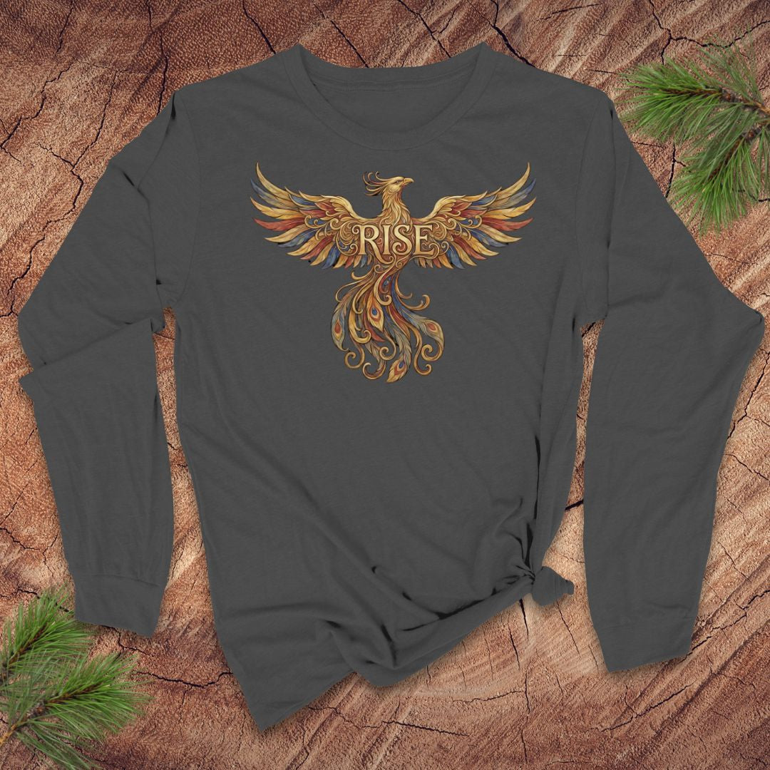 Dark gray long-sleeve shirt with a phoenix design and 'RISE' text on a wooden surface.