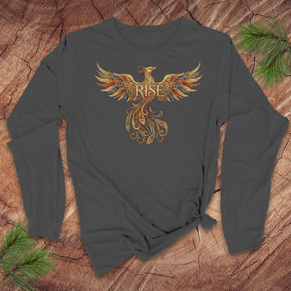 Dark gray long-sleeve shirt with a phoenix design and 'RISE' text on a wooden surface.