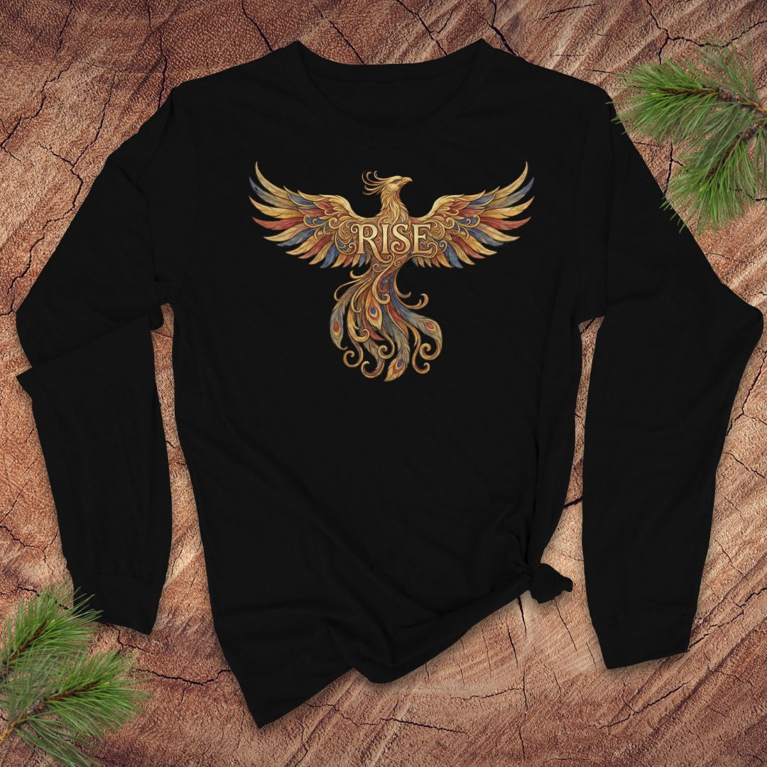 Black long-sleeve tshirt with a colorful phoenix design and 'RISE' text on a textured brown background.