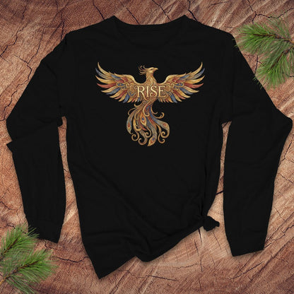 Black long-sleeve tshirt with a colorful phoenix design and 'RISE' text on a textured brown background.
