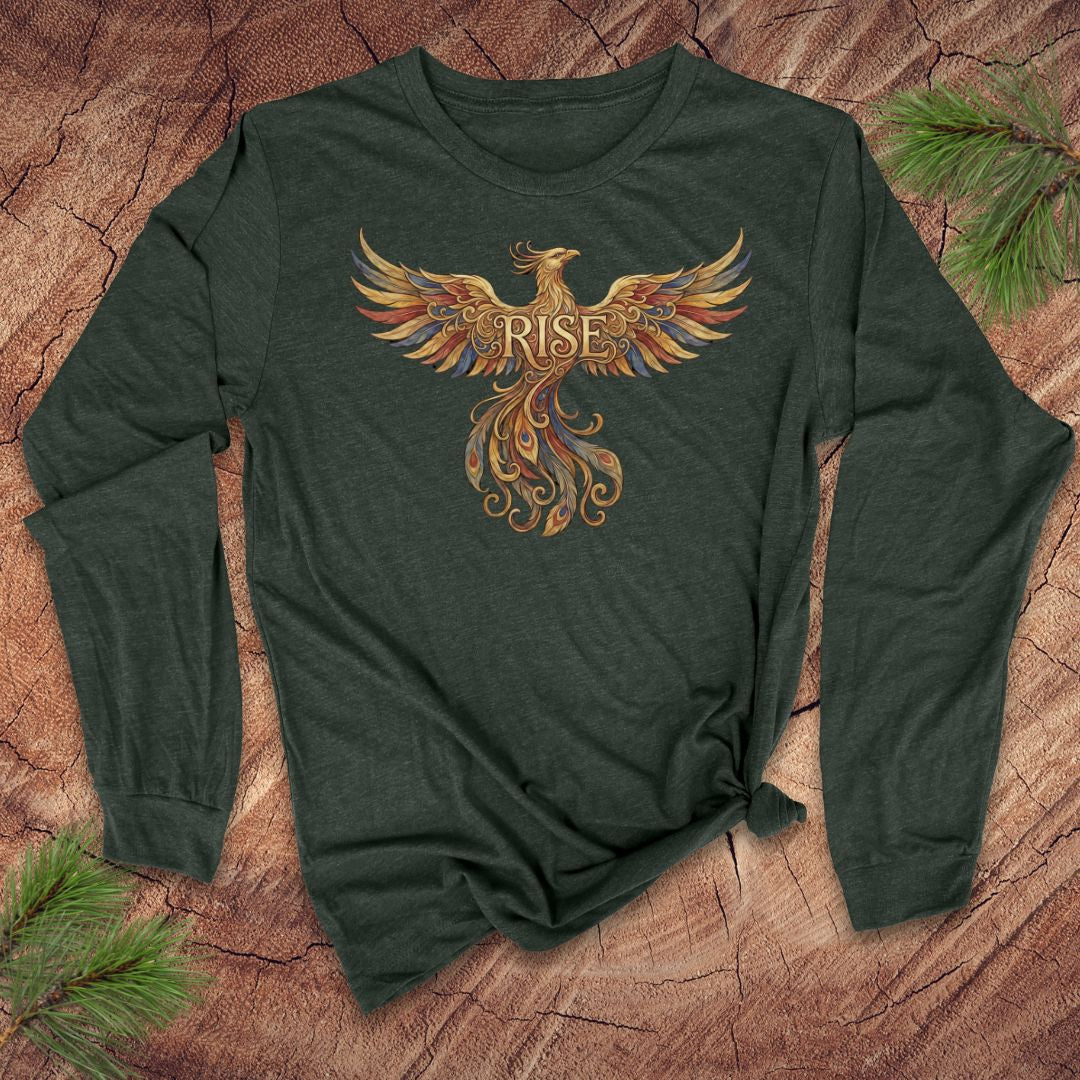 Green long-sleeve shirt with a phoenix design and 'RISE' text on a wooden surface.