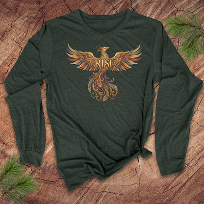 Green long-sleeve shirt with a phoenix design and 'RISE' text on a wooden surface.