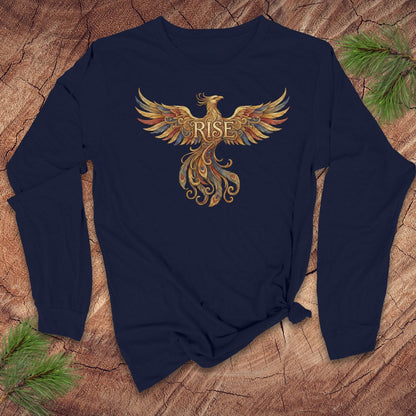 Navy blue long-sleeve shirt with a phoenix design and 'RISE' text on a wooden surface.