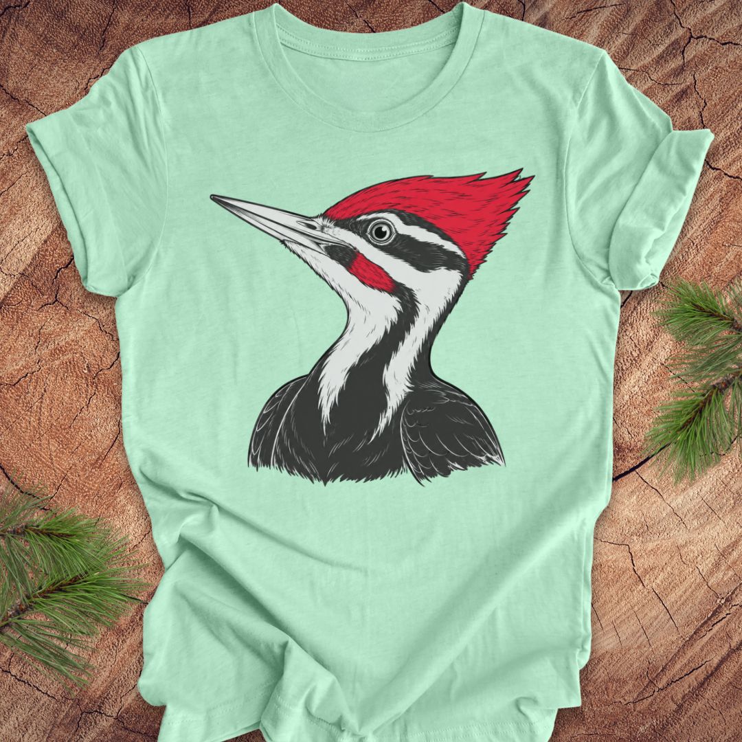A mint green short-sleeve t-shirt featuring a detailed graphic of a Pileated Woodpecker on the chest, laid flat on a rustic wood background with pine branches in the corners.