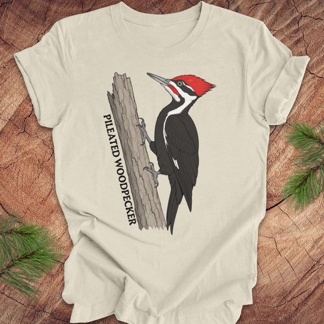 A cream-colored crewneck t-shirt featuring a graphic of a pileated woodpecker on a tree trunk with the text 'PILEATED WOODPECKER' printed vertically. The t-shirt is laid flat on a rustic wood background with pine branches in the corners.