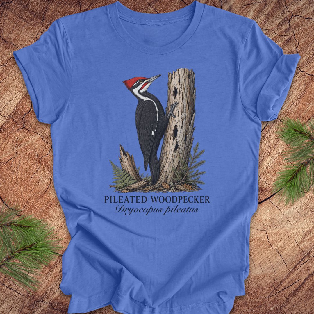 Blue t-shirt with a pileated woodpecker design on a wooden surface