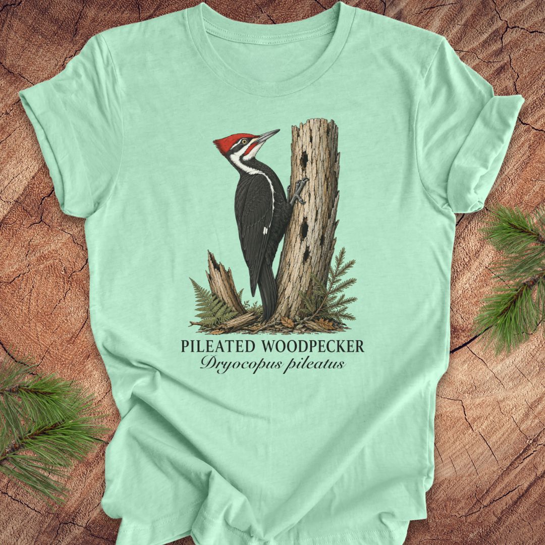 Mint green t-shirt with a pileated woodpecker graphic on a wooden surface.
