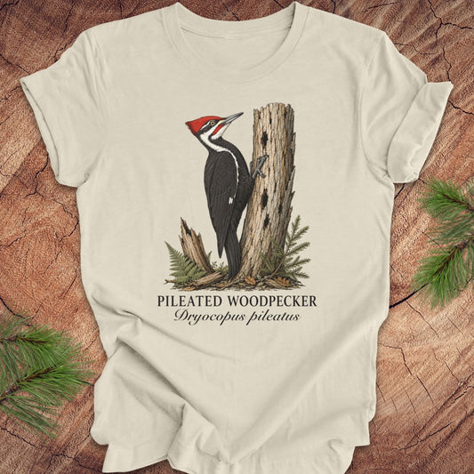 Beige t-shirt with a pileated woodpecker design on a wooden surface with pine branches.