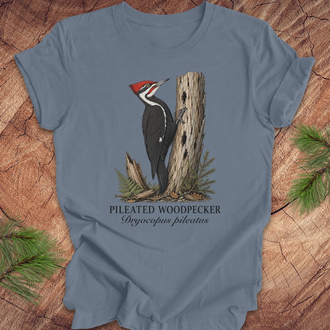 Blue t-shirt with a pileated woodpecker design on a wooden background