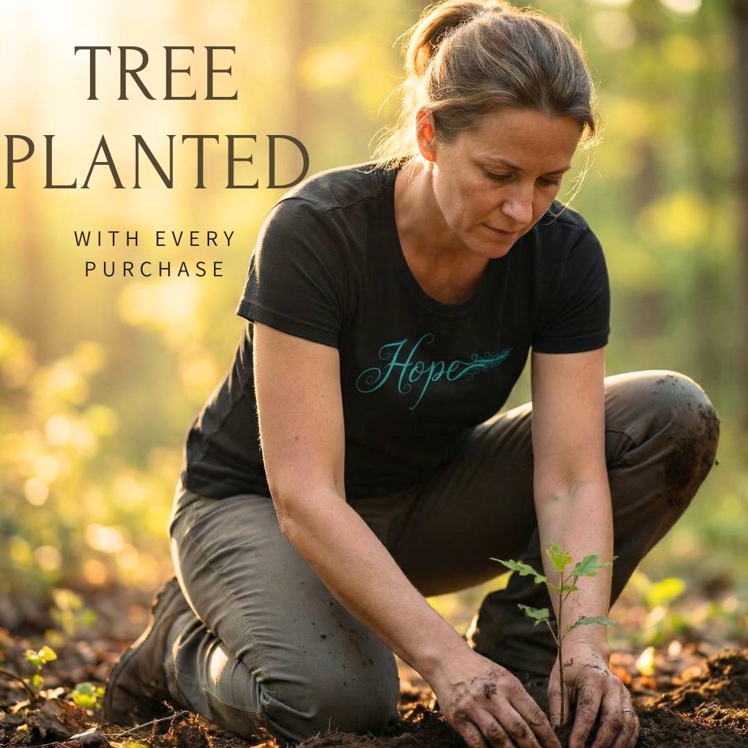 Woman planting a tree with 'Hope' t-shirt in a forest setting
