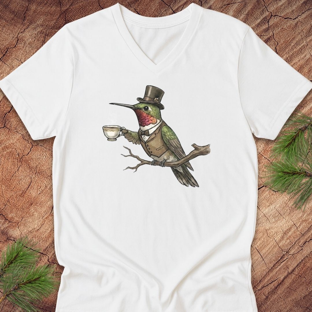 A white v-neck t-shirt featuring a graphic of a hummingbird dressed in a top hat and vest, holding a teacup on a branch. The shirt is displayed flat on a rustic wood background with pine needles in the corners.