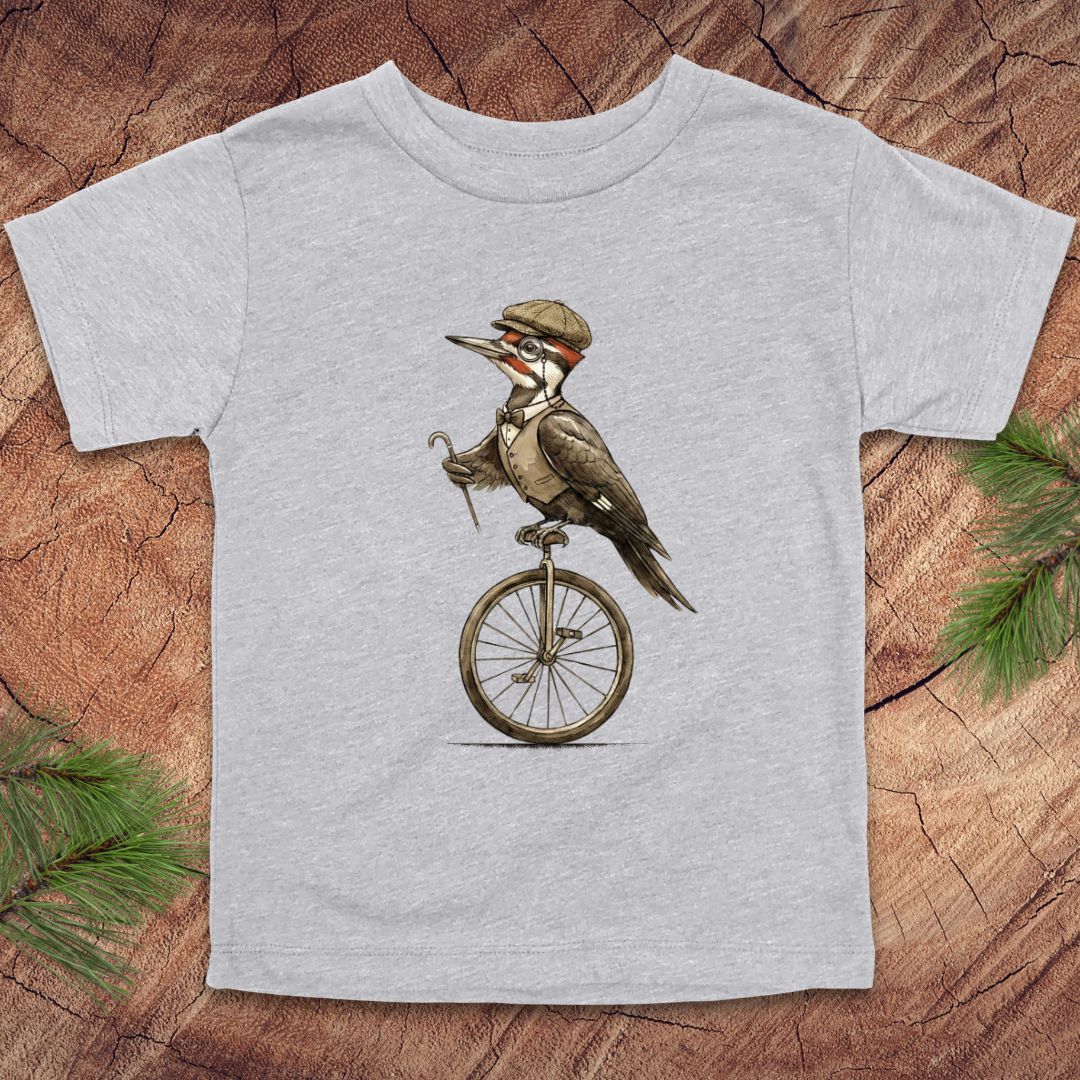 Gray toddler t-shirt with a woodpecker design on a wooden surface.