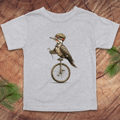 Gray toddler t-shirt with a woodpecker design on a wooden surface.