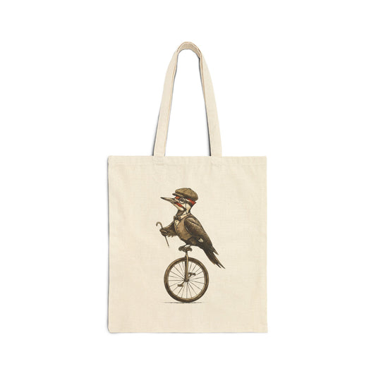 Tote bag with a woodpecker on a unicycle design on a white background