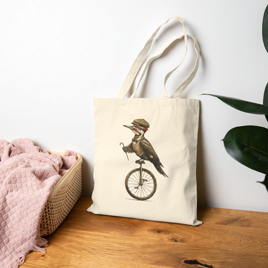 Tote bag with a woodpecker design on a wooden surface next to a pink blanket and plant leaves.