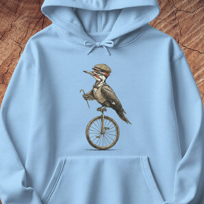 A light blue pullover hoodie featuring a vintage-style graphic of a woodpecker wearing a hat and riding a unicycle, displayed against a textured brown wood background.