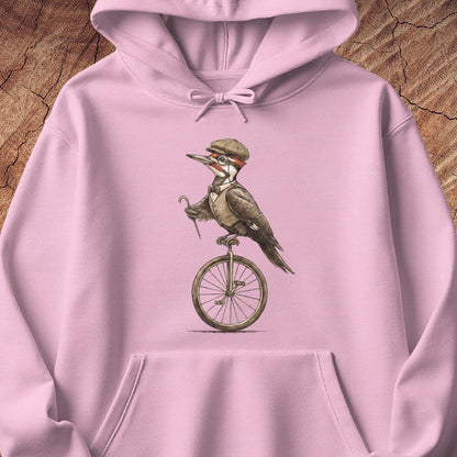 A light pink pullover hoodie featuring a vintage-style graphic of a bird wearing a hat and riding a unicycle, displayed against a rustic wood background.