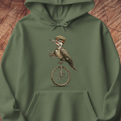An olive green pullover hoodie featuring a detailed graphic of a kookaburra bird riding a penny-farthing bicycle, set against a textured brown wood background.