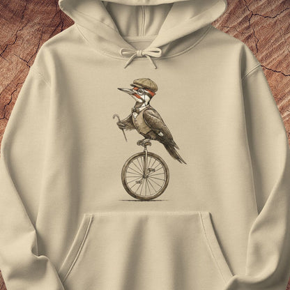 A cream-colored hoodie featuring a vintage-style illustration of a woodpecker wearing a hat and riding a unicycle, displayed against a textured brown wood background.