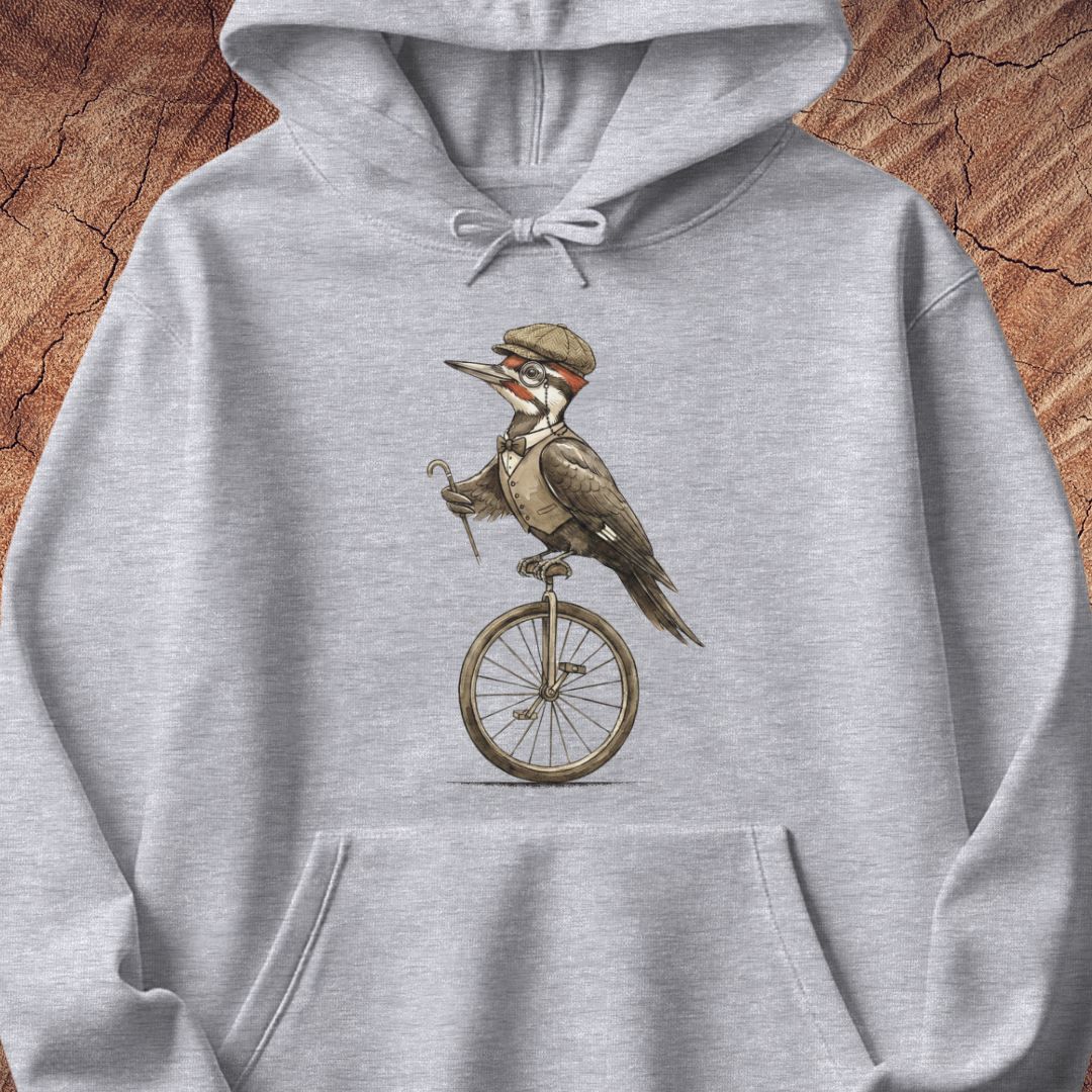 A light heather gray pullover hoodie featuring a vintage-style graphic of a woodpecker wearing a hat and riding a penny-farthing bicycle, displayed against a rustic wood background.
