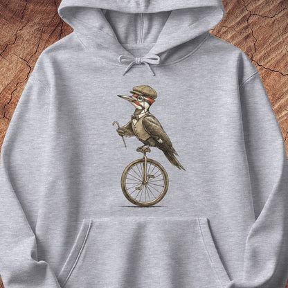 A light heather gray pullover hoodie featuring a vintage-style graphic of a woodpecker wearing a hat and riding a penny-farthing bicycle, displayed against a rustic wood background.