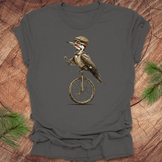 Grey t-shirt with a pileated woodpecker on a unicycle graphic on a wooden surface.