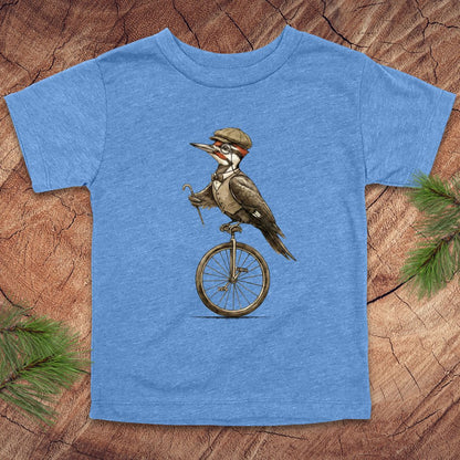Blue toddler t-shirt with a woodpecker design on a wooden surface.