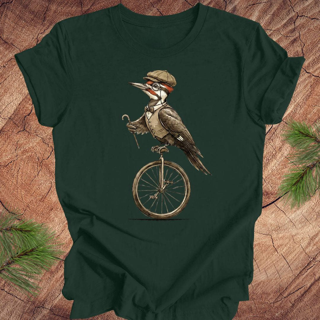 Green t-shirt with a pileated woodpecker  on a unicycle graphic on a wooden surface.