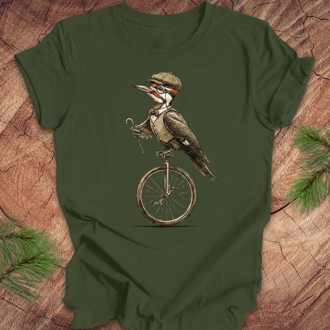 Green t-shirt with a woodpecker on a unicycle design on a wooden surface