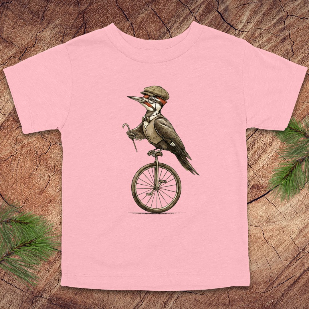 Pink toddler t-shirt with a woodpecker design on a wooden surface.