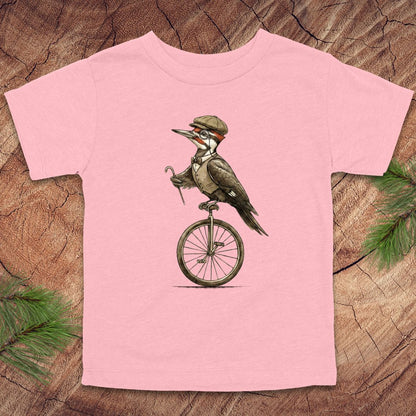 Pink toddler t-shirt with a woodpecker design on a wooden surface.