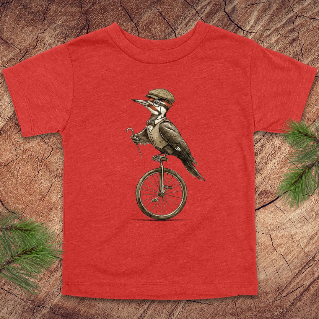 Red toddler t-shirt with a woodpecker design on a wooden surface.