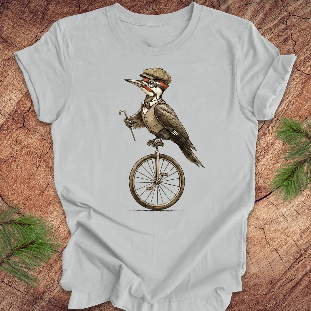 Gray t-shirt with a woodpecker riding a unicycle graphic on a wooden surface.