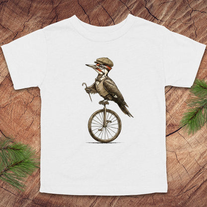 White toddler t-shirt with a woodpecker design on a wooden surface.