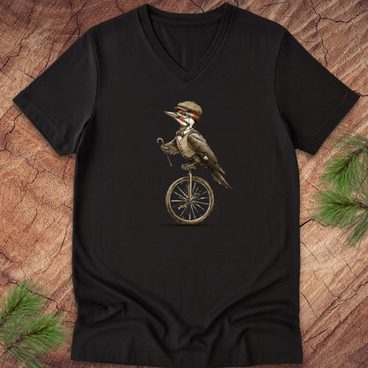 Black v-neck t-shirt with a pileated woodpecker  on a unicycle with vest, hat and bowtie design on a wooden surface