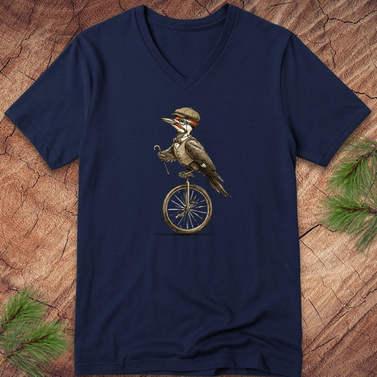 Navy blue v-neck t-shirt with a pileated woodpecker  on a unicycle with vest, hat and bowtie design on a wooden surface