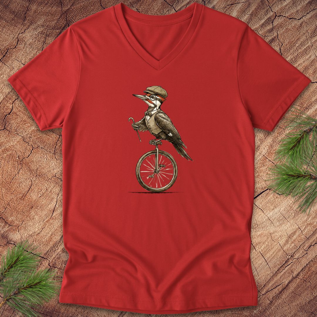 Red v-neck t-shirt with a pileated woodpecker  on a unicycle with vest, hat and bowtie design on a wooden surface