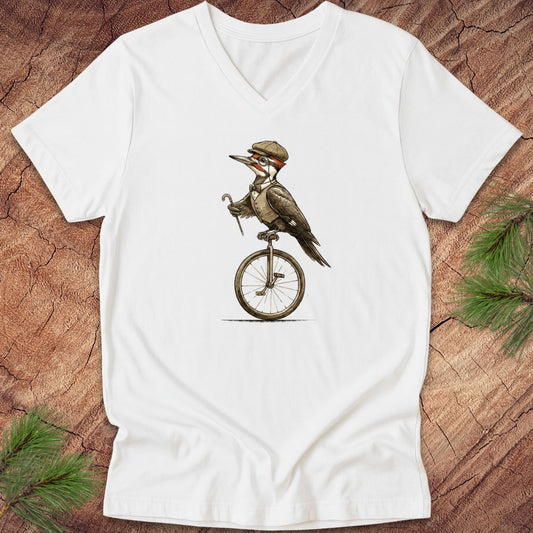 White v-neck t-shirt with a pileated woodpecker  on a unicycle with vest, hat and bowtie design on a wooden surface