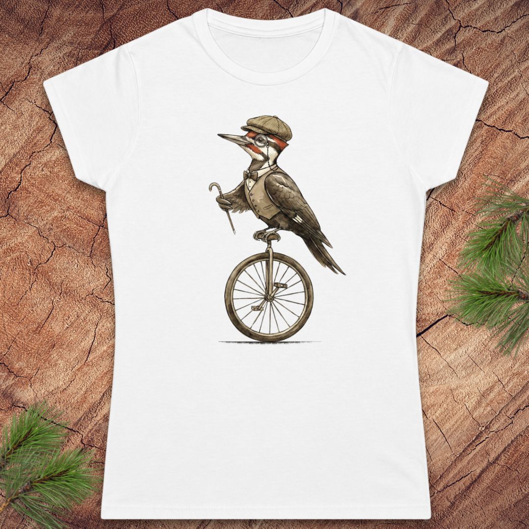 White t-shirt with a woodpecker on a unicycle graphic on a wooden surface.
