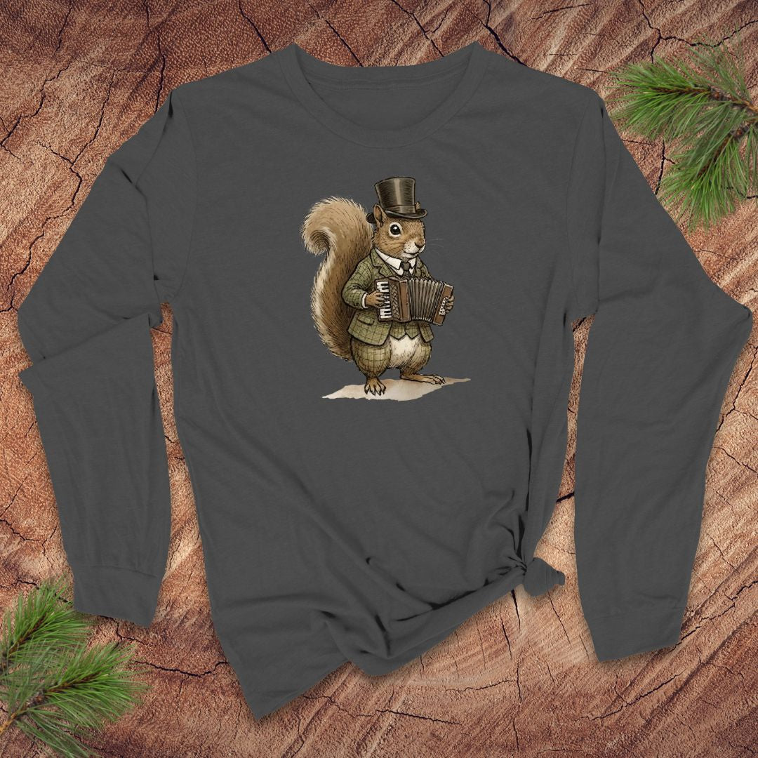 Dark gray long-sleeve shirt with a graphic of a squirrel playing an accordion on a wooden surface.