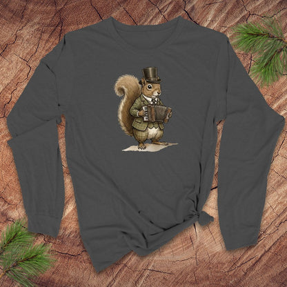 Dark gray long-sleeve shirt with a graphic of a squirrel playing an accordion on a wooden surface.