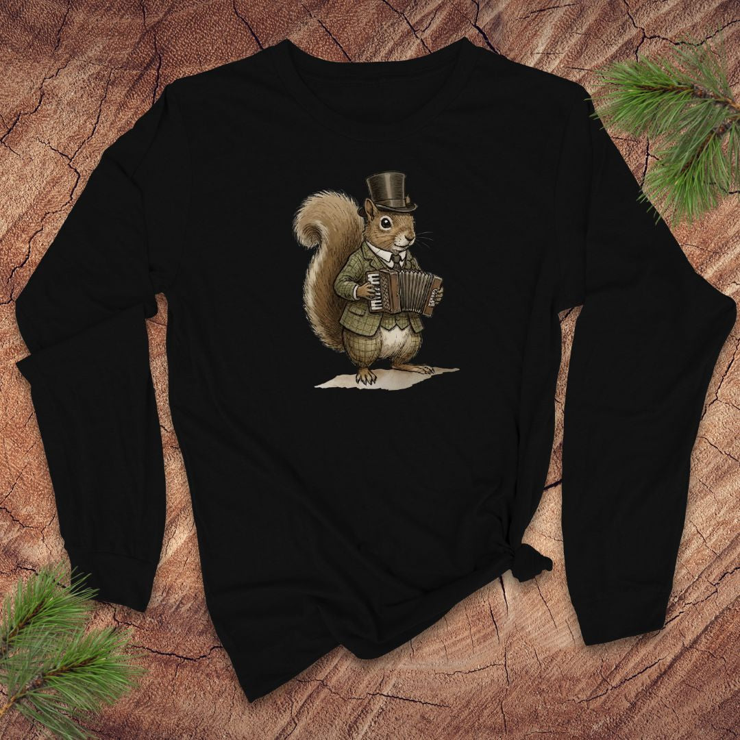 Black long-sleeve tshirt with a graphic of a squirrel playing an accordion on a textured brown background.