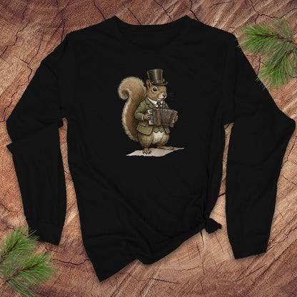 Black long-sleeve tshirt with a graphic of a squirrel playing an accordion on a textured brown background.