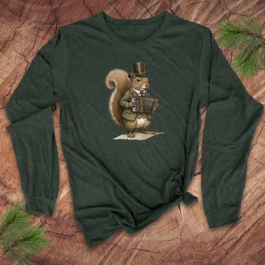 Green long-sleeve shirt with a squirrel playing an accordion graphic on a wooden surface.