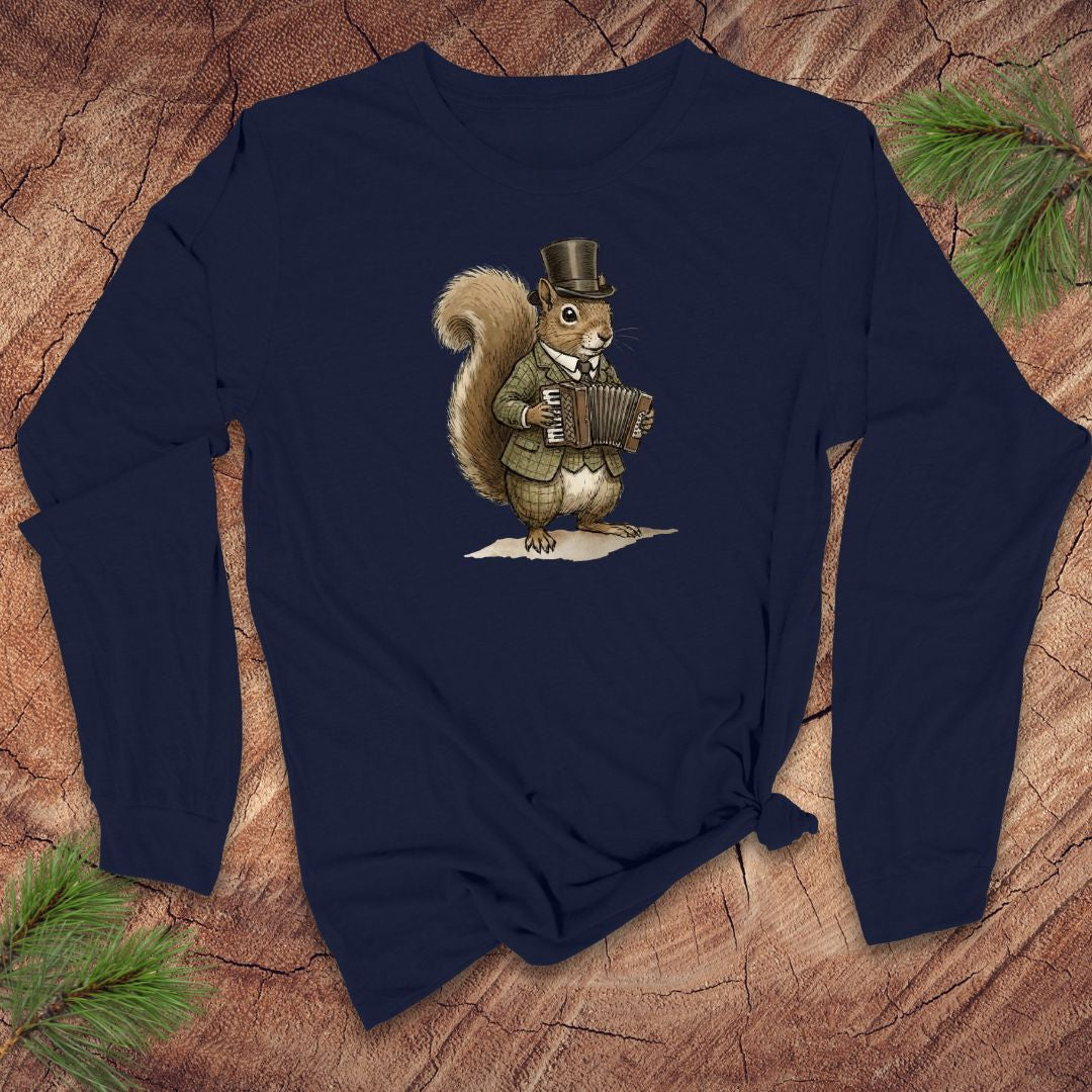 Navy blue long-sleeve shirt with a squirrel playing an accordion design on a wooden surface.
